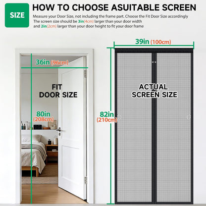 HOFUDON Upgraded Magnetic Screen Door Mesh, Full Strip Magnets, Heavy Duty Fiberglass Mesh, Door Screen Magnetic Closure for Single Door Size 32 x 80 Inch, Screen Door Size 35 x 82 Inch Black