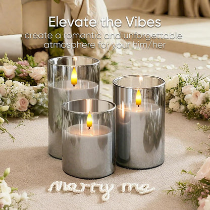 5plots Glass Battery Operated White Flameless Candles with Remote Timer, 3D Wick Real Wax Pillar Led Candles Warm Flickering Light for Indoor Home, Halloween, Christmas Decor, Set of 3, D3 x H4 5" 6"