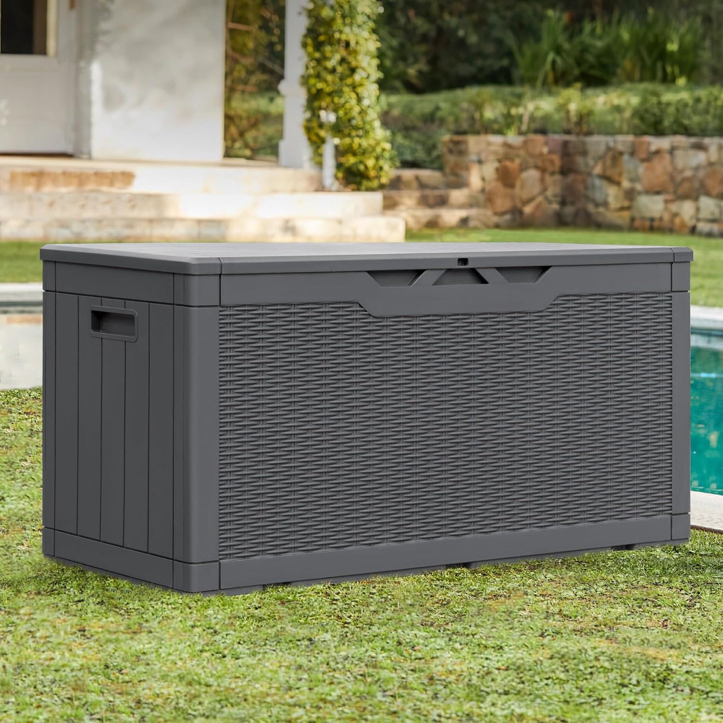 Greesum 110 Gallon Outdoor Storage Box with Lockable Lid, All-Weather for Patio Furniture, Pool Supplies & Garden Tools, Waterproof, UV-Resistant Large Deck Box, Dark Black