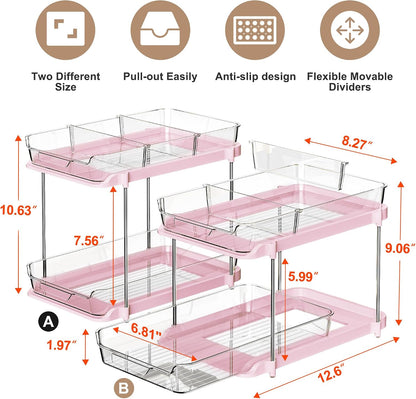 Delamu 2-Tier Multi-Purpose Bathroom Under Sink Organizers and Storage, Stackable Kitchen Pantry Organization, Pull Out Medicine Cabinet Organizer with Movable Dividers, White, 2 Pack