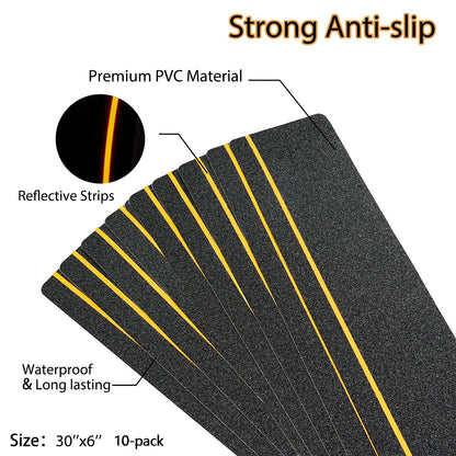 COSIMIXO 4" x 30" 10Pack Anti Slip Stair Tread with Reflective Strips,Best Grip Non Skid Tape,Anti-Skid Tape, High Traction Adhesive for Stairs Step