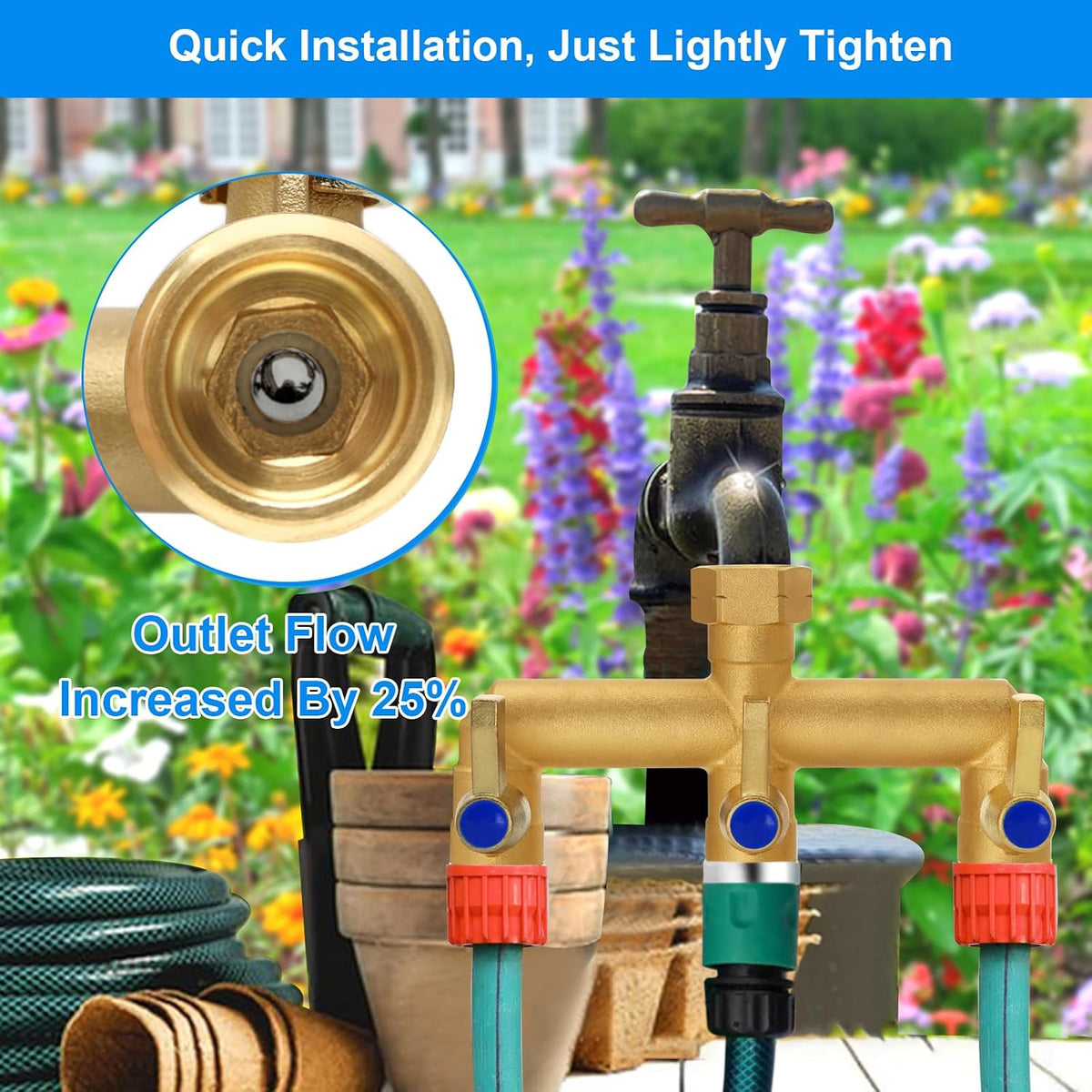 Brass Garden Hose Splitter 2-Way Heavy Duty - 3/4" GHT Threads with 2×304 Stainless Steel Handles, High Flow Design for Efficient Water Distribution