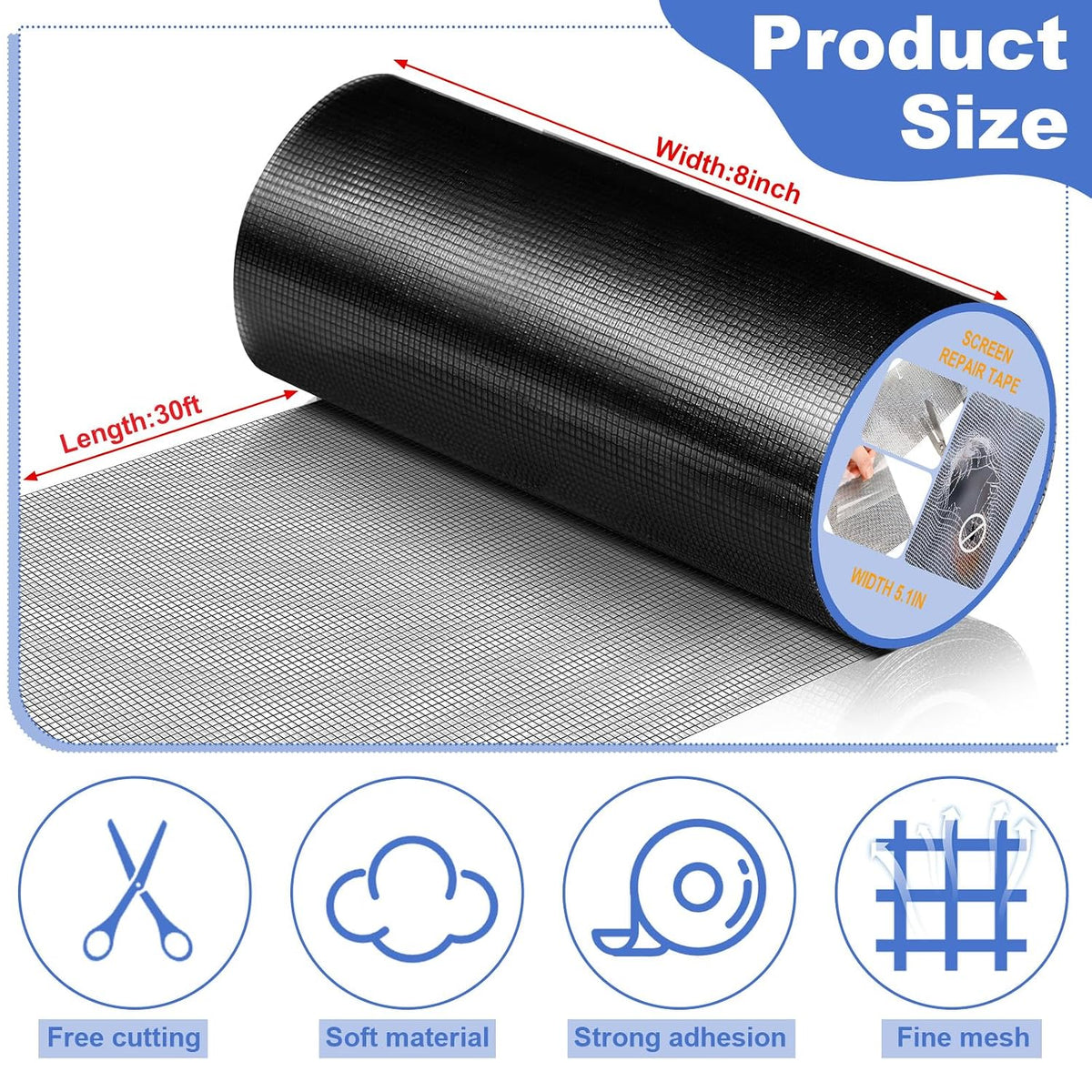 CroBlissful Extra Wide 5 inch x 20 ft Window Screen Tape Mesh Repair Strong Adhesive Waterproof Fiberglass Screen Repair Kit Patch for Window Door Tears Holes(Black)