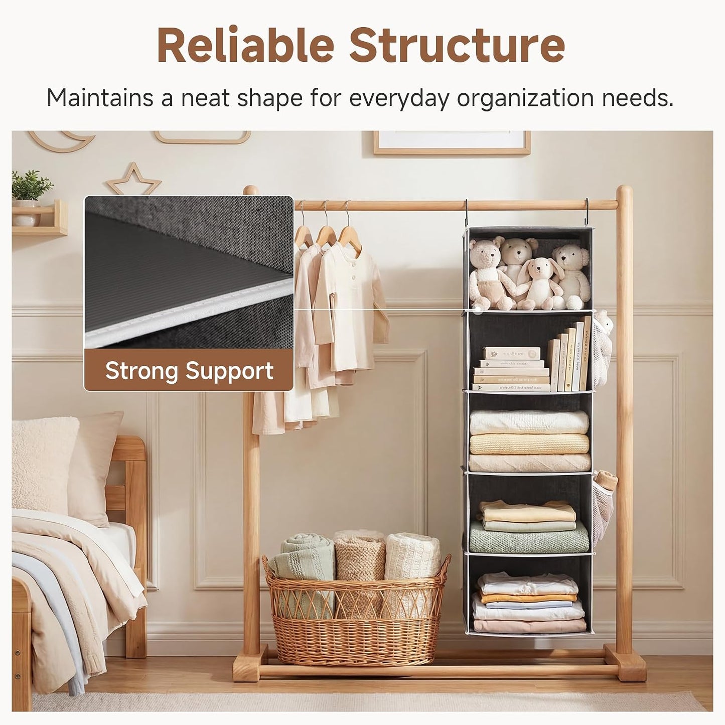 StorageWorks 6-Shelf Hanging Closet Organizer, Hanging Shelves for Closet, Fabric, Mixing of Beige, White & Ivory, 12" D x 12" W x 47 1⁄2" H