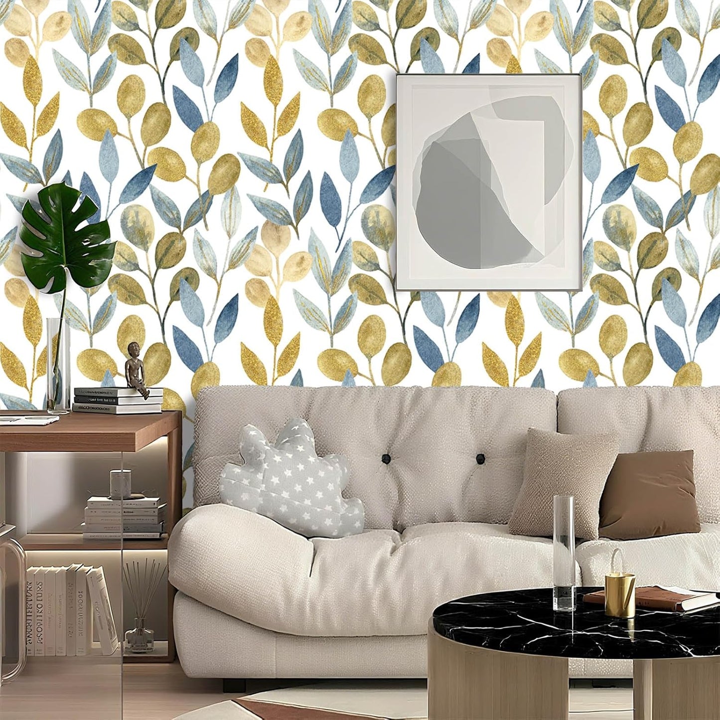Blue Gold Leaf Peel and Stick Wallpaper Modern Self Adhesive Contact Paper Waterproof Removable Wall Paper for Bathroom Living Room 17.7"x70.8" Luxury Decorative Wallpaper