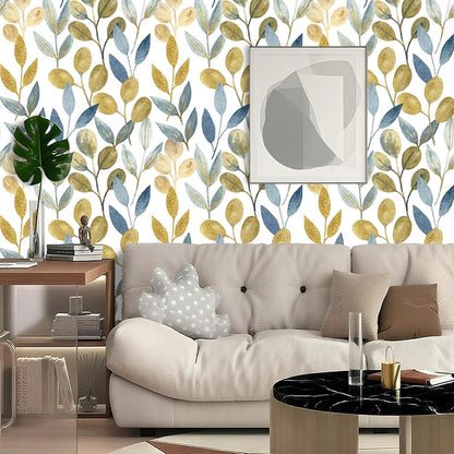 Blue Gold Leaf Peel and Stick Wallpaper Modern Self Adhesive Contact Paper Waterproof Removable Wall Paper for Bathroom Living Room 17.7"x70.8" Luxury Decorative Wallpaper
