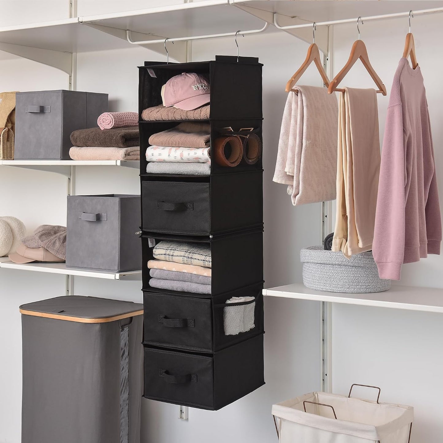 GRANNY SAYS Hanging Closet Organizer 6 Shelves, Closet Organizers and Storage with 5 Drawers, 6 Side Pockets Closet Hanging Organizer, Hanging Storage Organizer for Closet, Baby Clothes, Gray