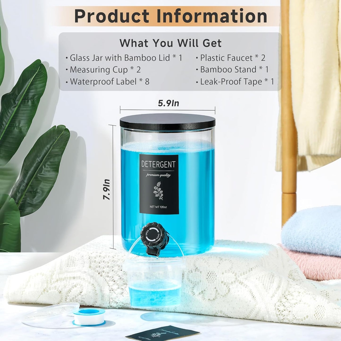 Glass Laundry Detergent Dispenser with Shelf & Bamboo Lid - 120 Oz Liquid Detergent, Laundry Soap & Fabric Softener Dispenser for Laundry Room Organization and Storage with 2 Cups & 8 Labels