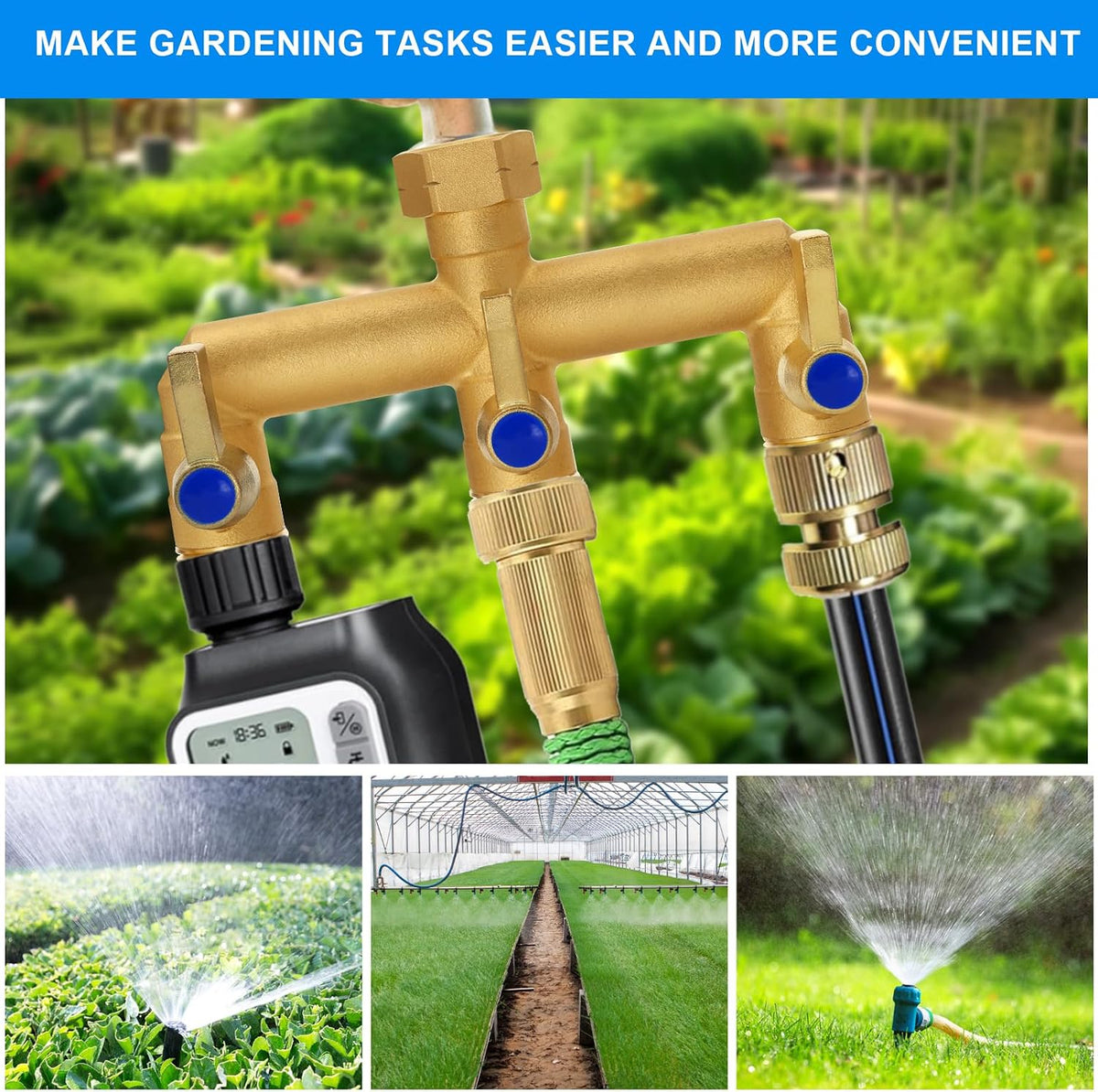 Brass Garden Hose Splitter 2-Way Heavy Duty - 3/4" GHT Threads with 2×304 Stainless Steel Handles, High Flow Design for Efficient Water Distribution