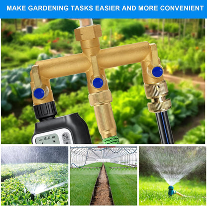 Brass Garden Hose Splitter 2-Way Heavy Duty - 3/4" GHT Threads with 2×304 Stainless Steel Handles, High Flow Design for Efficient Water Distribution