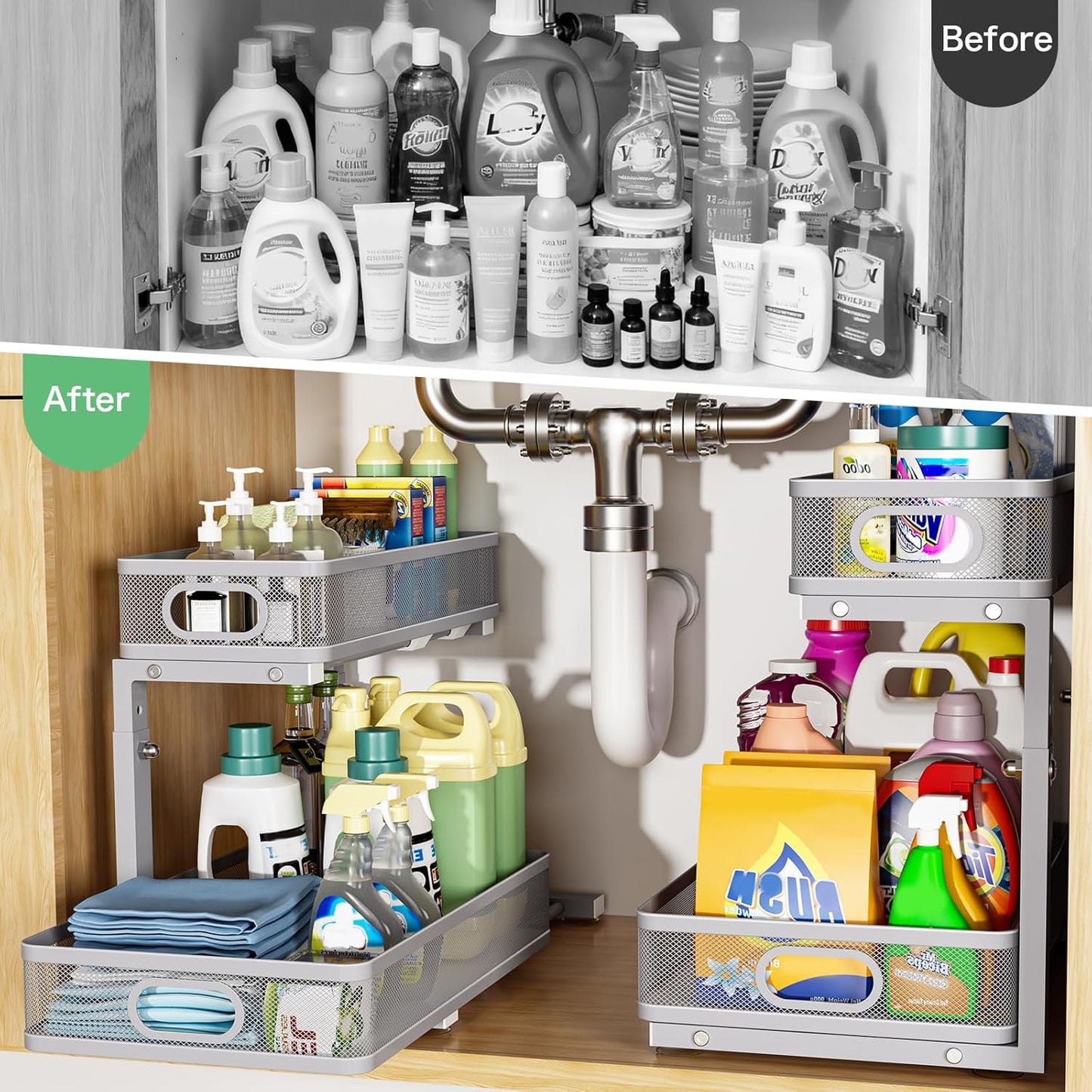 Under Sink Organizer 2 Pack, High Adjustable 2 Tier Under Sink Organizers and Storage, Slide out Metal Cabinet Organizers, Pull out Storage Drawer Shelf for Kitchen Bathroom Cabinet (Black-1pack)