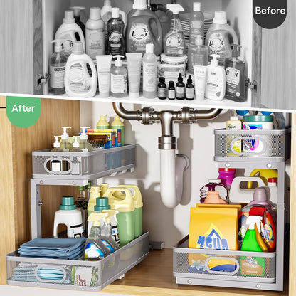 Under Sink Organizer 2 Pack, High Adjustable 2 Tier Under Sink Organizers and Storage, Slide out Metal Cabinet Organizers, Pull out Storage Drawer Shelf for Kitchen Bathroom Cabinet (Black-1pack)