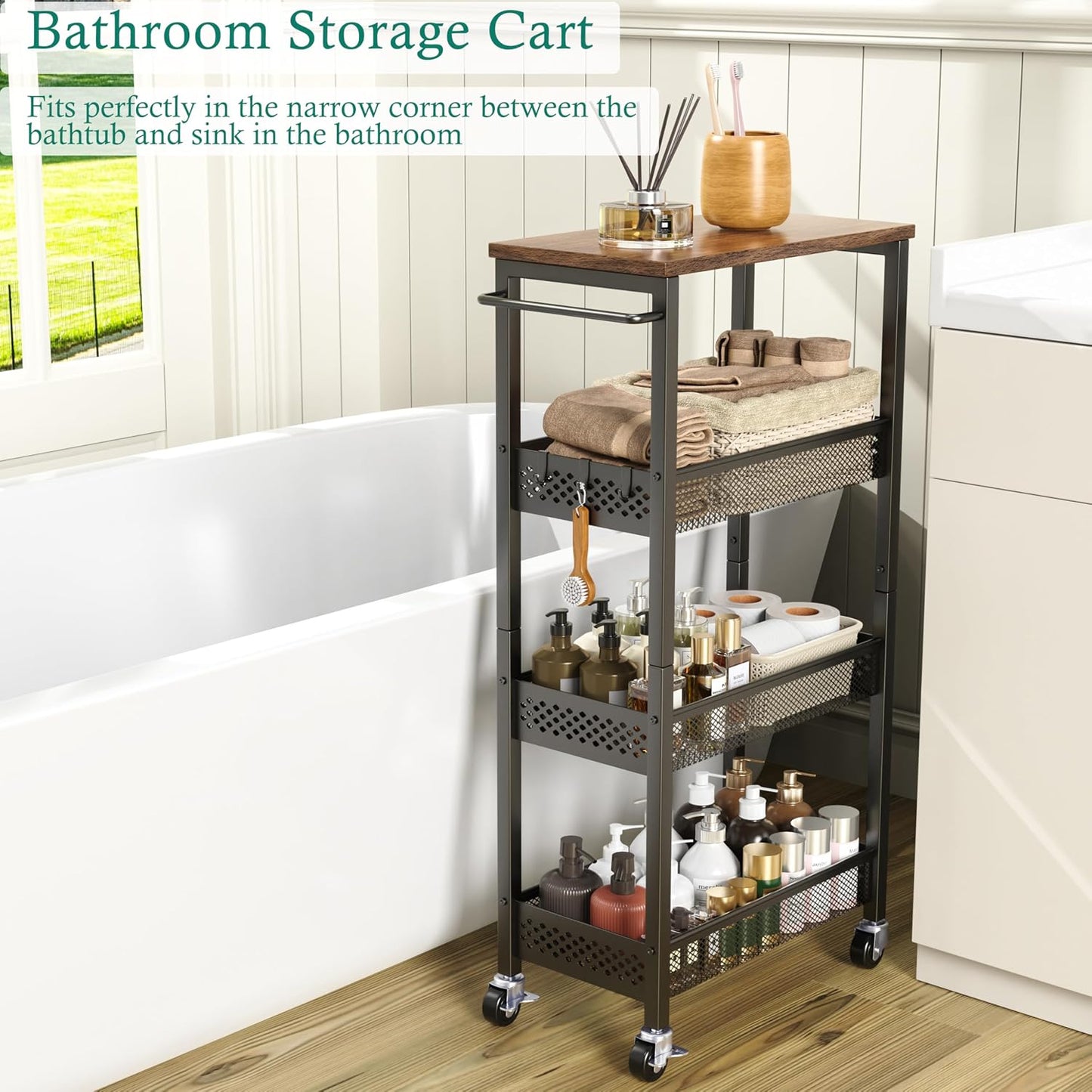 XYZLVSI Slim Storage Cart 4 Tier Narrow Kitchen Rolling Cart on Wheels for Small Space, Mobile Utility Cart Shelving Unit with Wooden Top and Metal Handle for Kitchen, Bathroom, Laundry Room