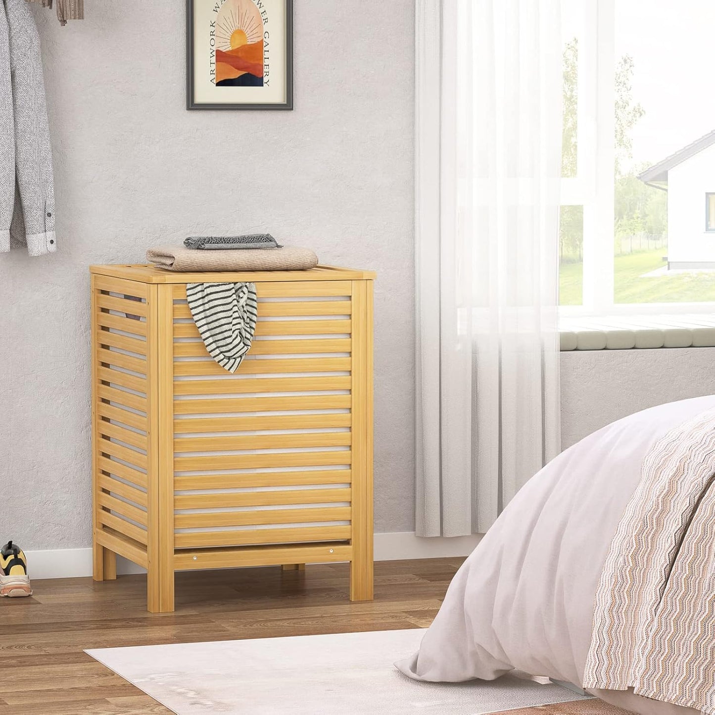 Homykic Bamboo Laundry Hamper with Lid, 120L Large Clothes Laundry Sorter with Removable 2-Section Liner Bag, Raised Laundry Basket Organizer for Clothing, Bathroom, Bedroom, Laundry Room, Natural