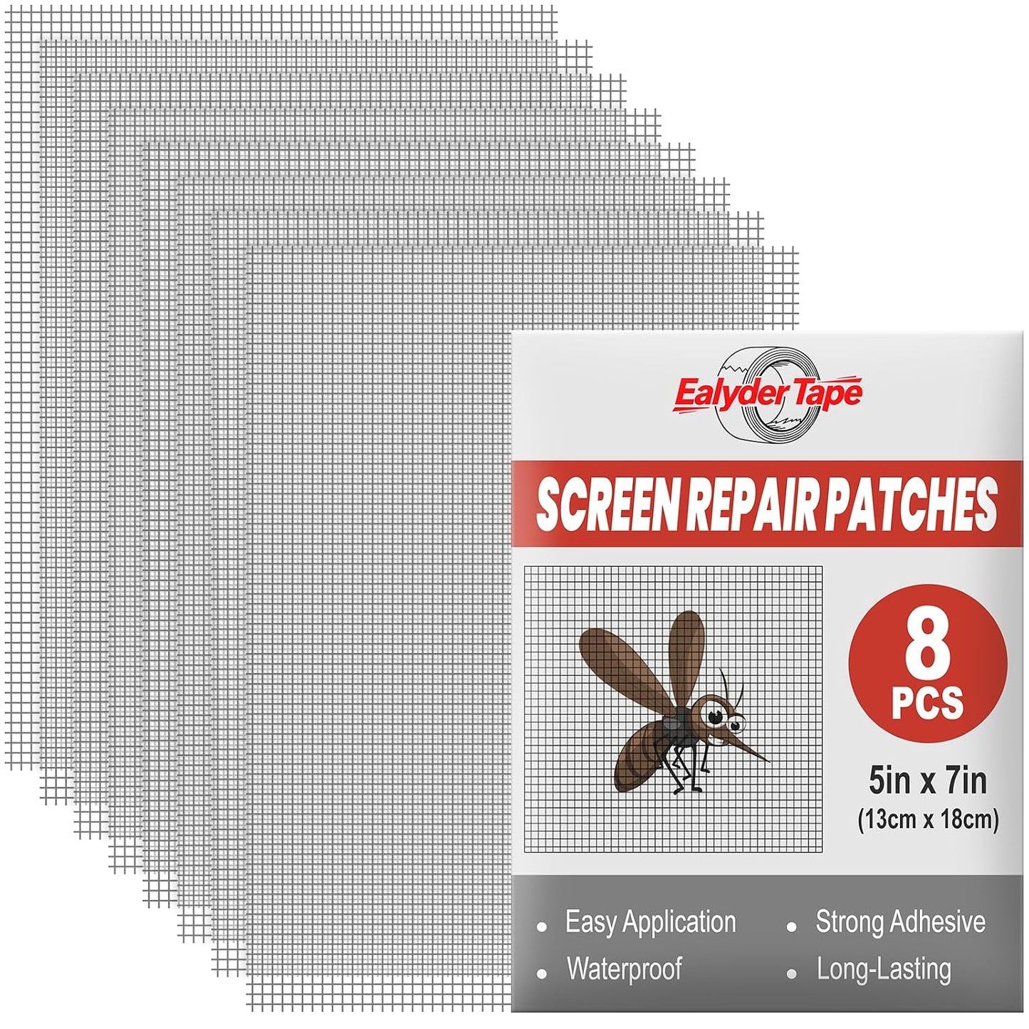 8 Sheets Window Screen Repair Patches Kit, Black 7in x 5in Fiberglass Mesh Repair Patches, Heavy Duty Self Adhesive Screen Tape, Quick Fix Tears Holes for Window Screen Door Mosquito Net