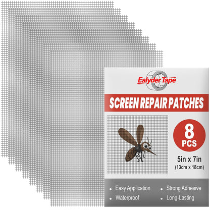 8 Sheets Window Screen Repair Patches Kit, Black 7in x 5in Fiberglass Mesh Repair Patches, Heavy Duty Self Adhesive Screen Tape, Quick Fix Tears Holes for Window Screen Door Mosquito Net
