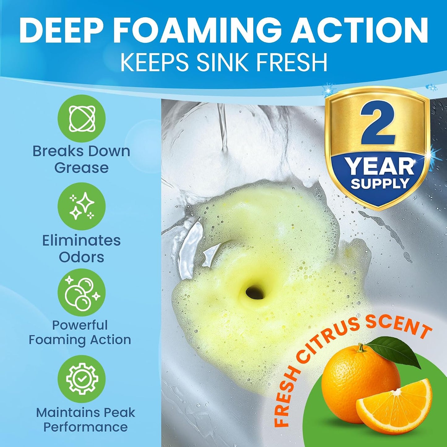 Garbage Disposal Cleaner Deodorizer Tablets – 24 Pack XL Foaming Citrus Cleaning Tablet - Sink Drain Disposer Garburator Freshener Odor Eliminator Grease Remover Septic Safe - 1 Year Supply