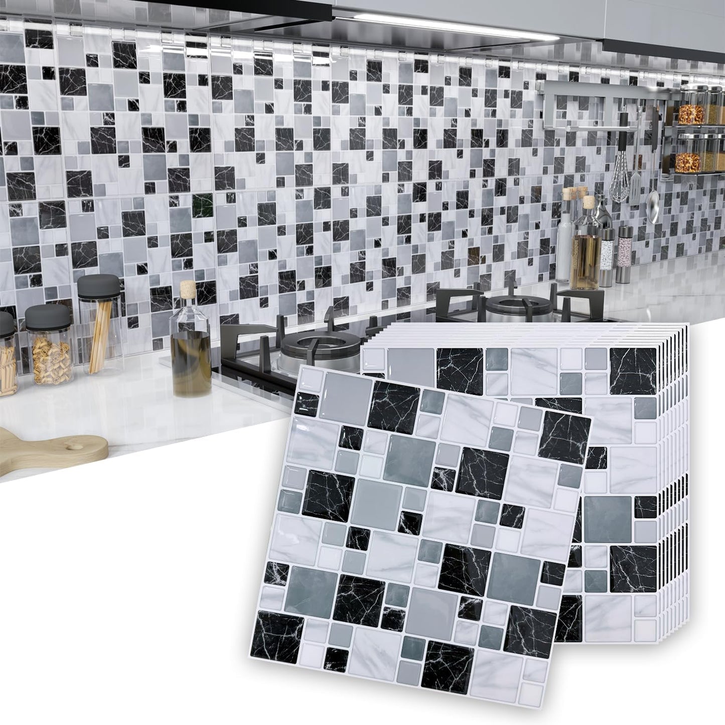 10 Sheet Peel and Stick Backsplash Tile for Kitchen, 12” x 12” Self Adhesive Glossy Vinyl Wall Subway Tiles Waterproof No Residual for Bathroom Fireplace, White with Gray Grout