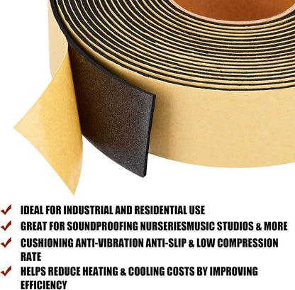 Weather Stripping Door Seal Strip 30 Feet, 2 Inch Wide X 1/8 Thick Black Foam Seal Tape Strong Adhesive for Doors and Windows Insulation, Soundproofing, Rattle