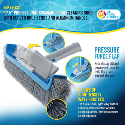 U.S. Pool Supply 13" Pool Brush with Rubber Bristles and Squeegee Edge - Safe for Vinyl Liners, Ideal for Above-Ground Pools, Aluminum Pole Handle - Scrub Leaves Debris from Walls, Floors, Corners