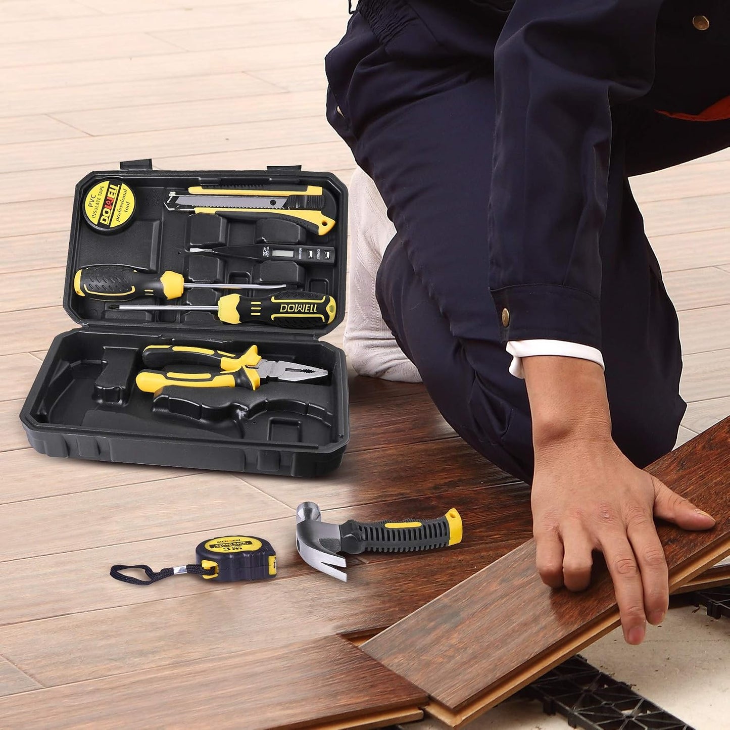 DOWELL Small Homeowner Tool Set 9 Pieces General Household Small Hand Tool Kit with Plastic Tool Box Storage Case