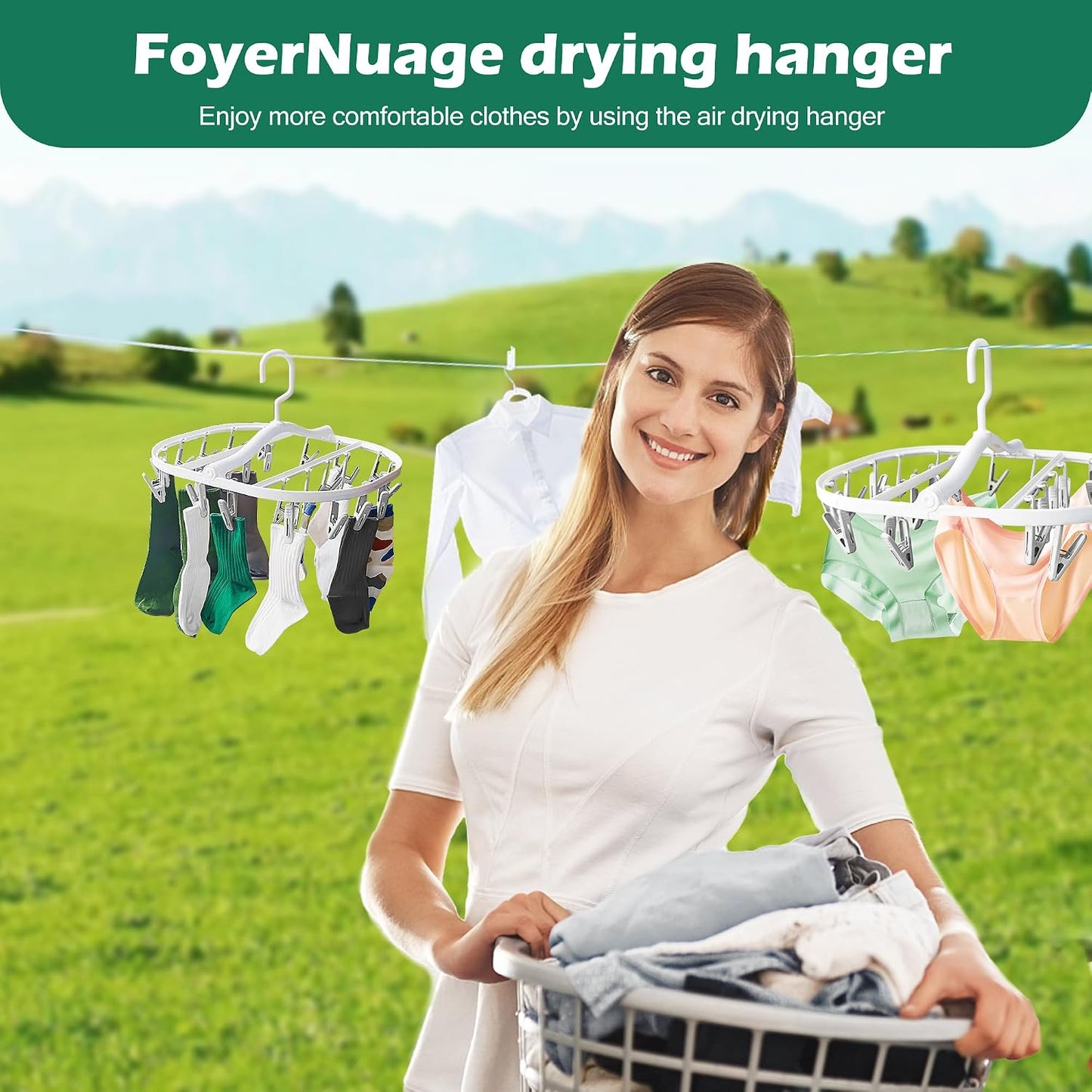 Plastic PP Drying Hanger, Anti-Rusty Drying Rack for Clothes, Socks, Lingeries, Delicates, Drying Hanger with 32 Clips for Baby Clothes, Towels