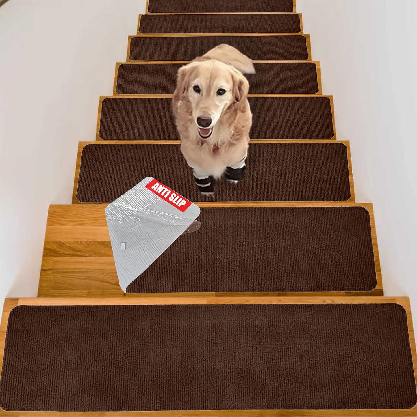 Nonslip Stair Treads Wooden Steps, 15 PCS 30" x 8" Safety Rug Slip Resistant Runner with Reusable Adhesive, Carpet Landing Mat for Family Elders Pets Soft Stair Mats Indoor (Black)