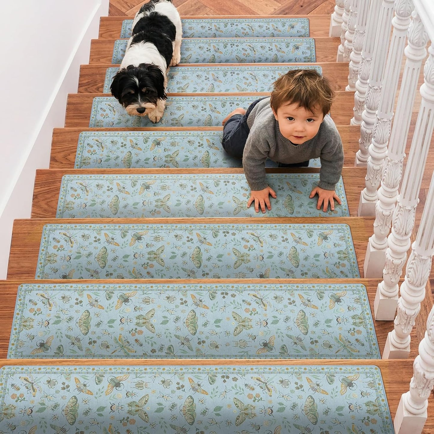OJIA Insect Print Stair Treads Non Slip Stair Runners for Wooden Steps Indoor, 15PCS 8"x30" Rubber Backing Carpet Treads for Wood Stairs Staircase Step Treads for Kids & Dogs, Stair Covers, Black