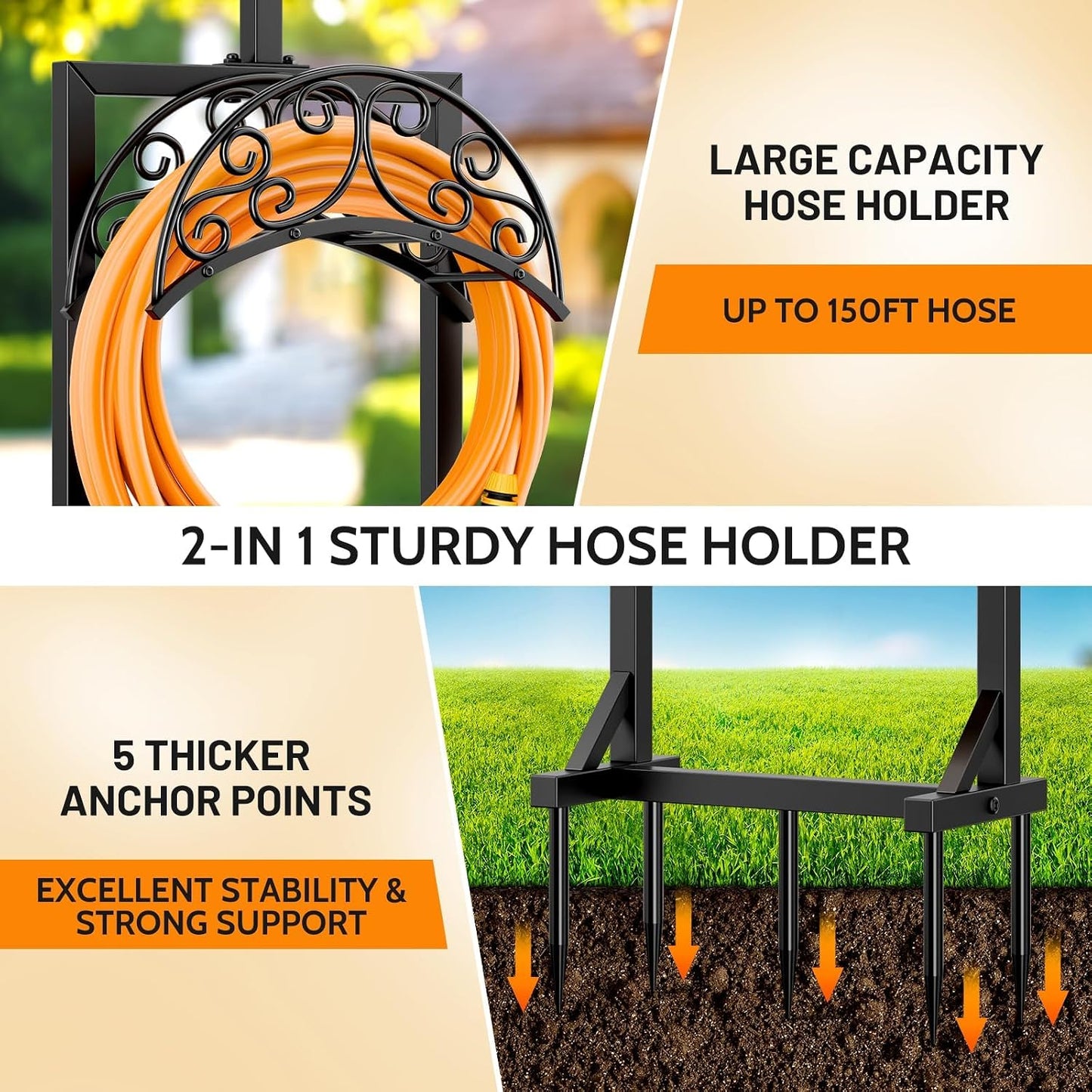 Garden Hose Holder for Outside - Upgraded Water Hose Holders with 5 Spikes & 2 Shepherds Hooks, Freestanding Hose Stand Heavy Duty Hose Hanger Hose Storage Hose Reel Rack for Outside Yard Lawn