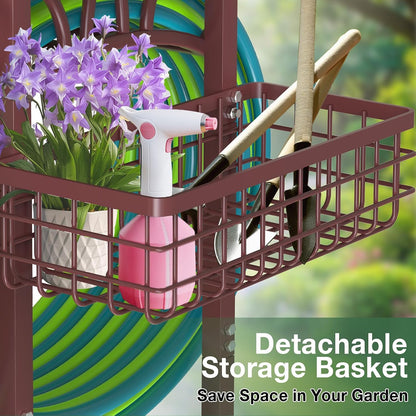 Qatsrin Upgraded Garden Hose Holder with Large Basket, Heavy Duty Water Hose Holder Supports 160-ft Hoses, Freestanding Detachable Hose Stand Storage Reel Hanger Rack for Yard Lawn Farm