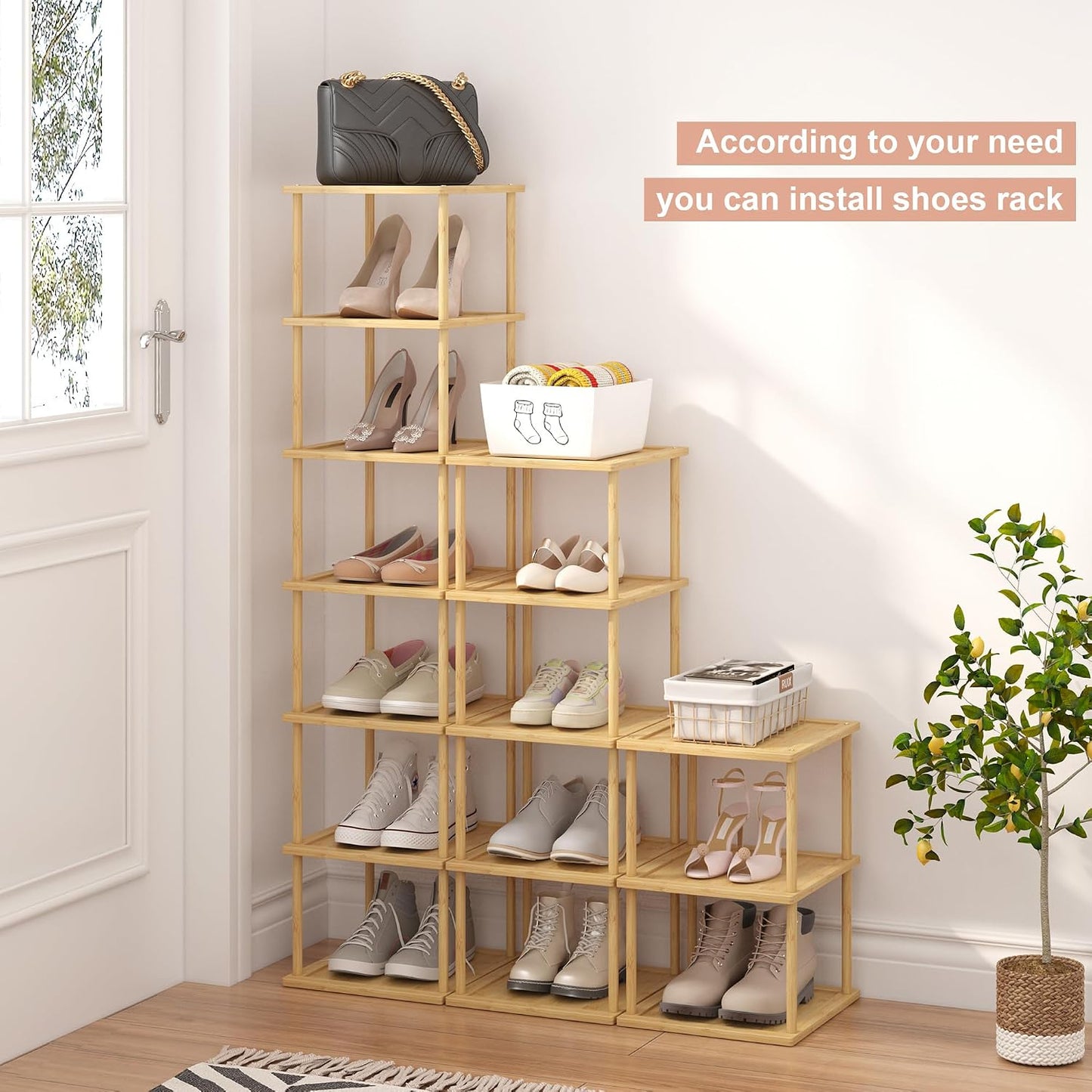 MHXW SXPN Bamboo Free Standing Shoe Rack Shelf Multi Tier Tall Wooden Stackable Shoes Rack Organizer for Closet Front Door Entrance Narrow Vertical Shoe Storage (Nature, 7 Tiers)