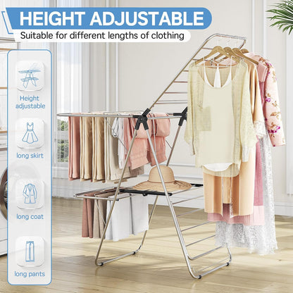 APEXCHASER Large Stainless Steel Clothes Drying Rack, Drying Rack Clothing with Height-Adjustable, Foldable Gullwings Laundry Rack, Indoor Outdoor Use, No Assembly,Black