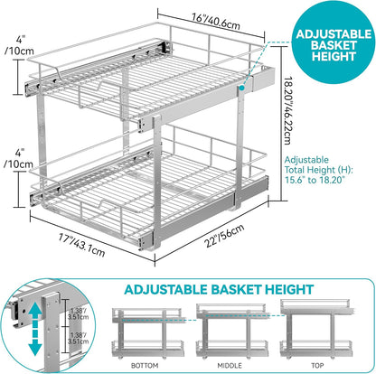 2 Tier Pull Out Cabinet Organizer 11" W X 22" D, Slide Out Drawers For Kitchen Cabinets, Pull Out Drawers For Cabinets Capacity Heavy Duty Caddy, Cabinet Pullout Shelves Chrome-Plated, Bathroom Pantry
