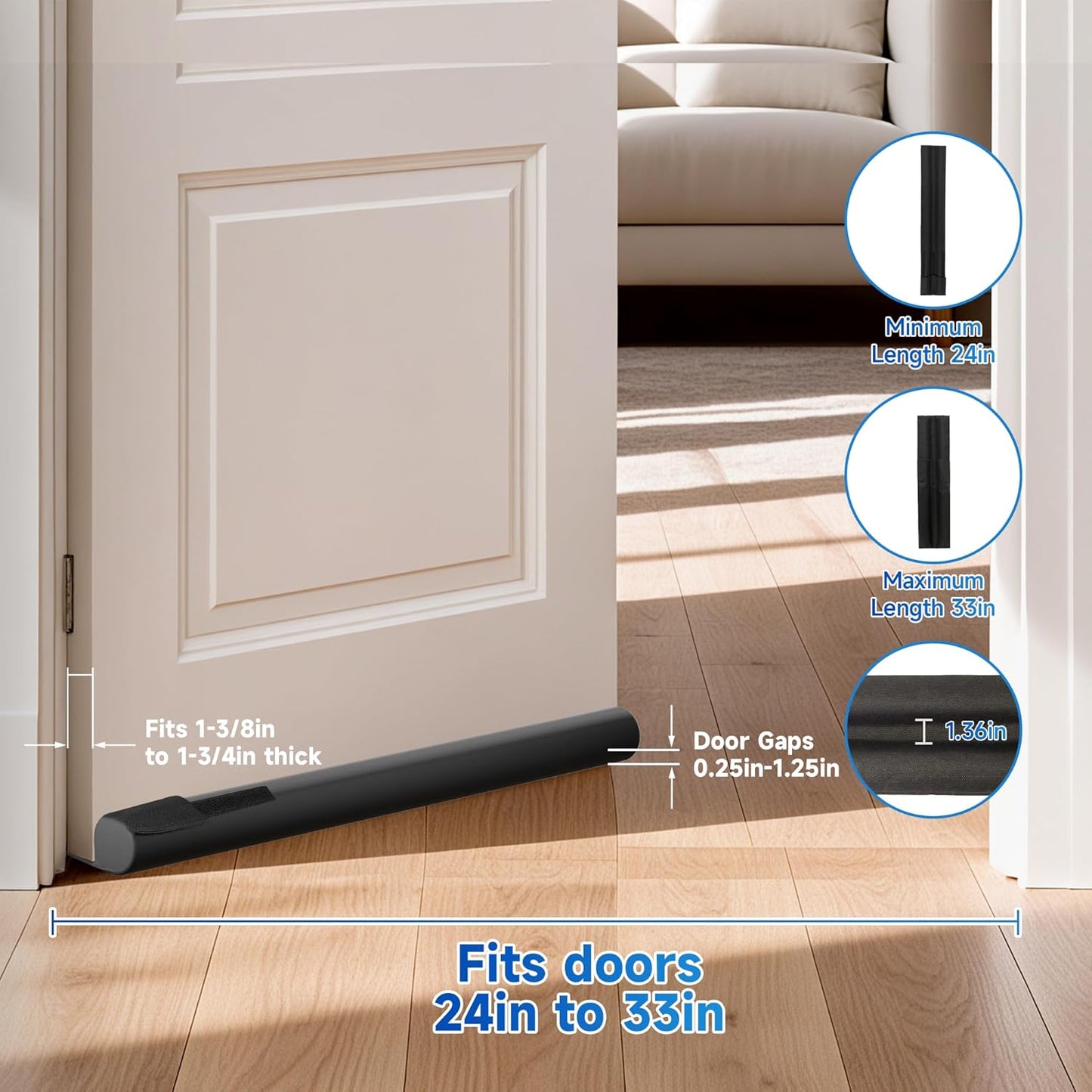 2 Pack Door Draft Stopper, Under Door Sweep Blocks Cold Air & Noise, Energy Saving, Adjustable Weather Stripping Seal, Heavy-Duty Non-Slip Design for Exterior/Interior Doors, Easy to Install