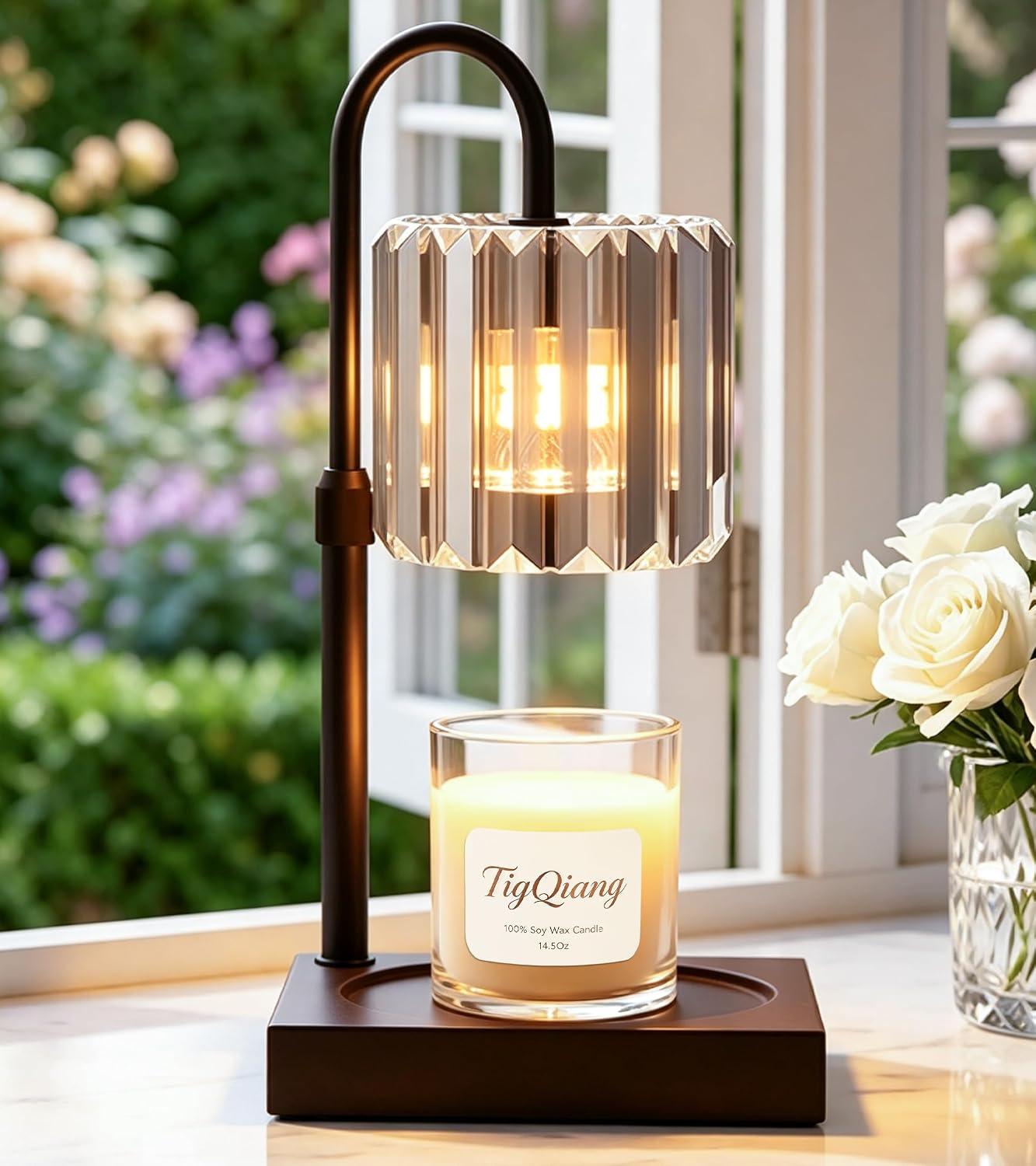 TigQiang Adjustable Height Candle Warmer Lamp, Candle Lamp Timer Dimmer 7 Levels, Compatible All Jar Candles, Top Melting, Cystal Candle Heater Lamp for Scented Wax, Elegant Home Decoration, Black