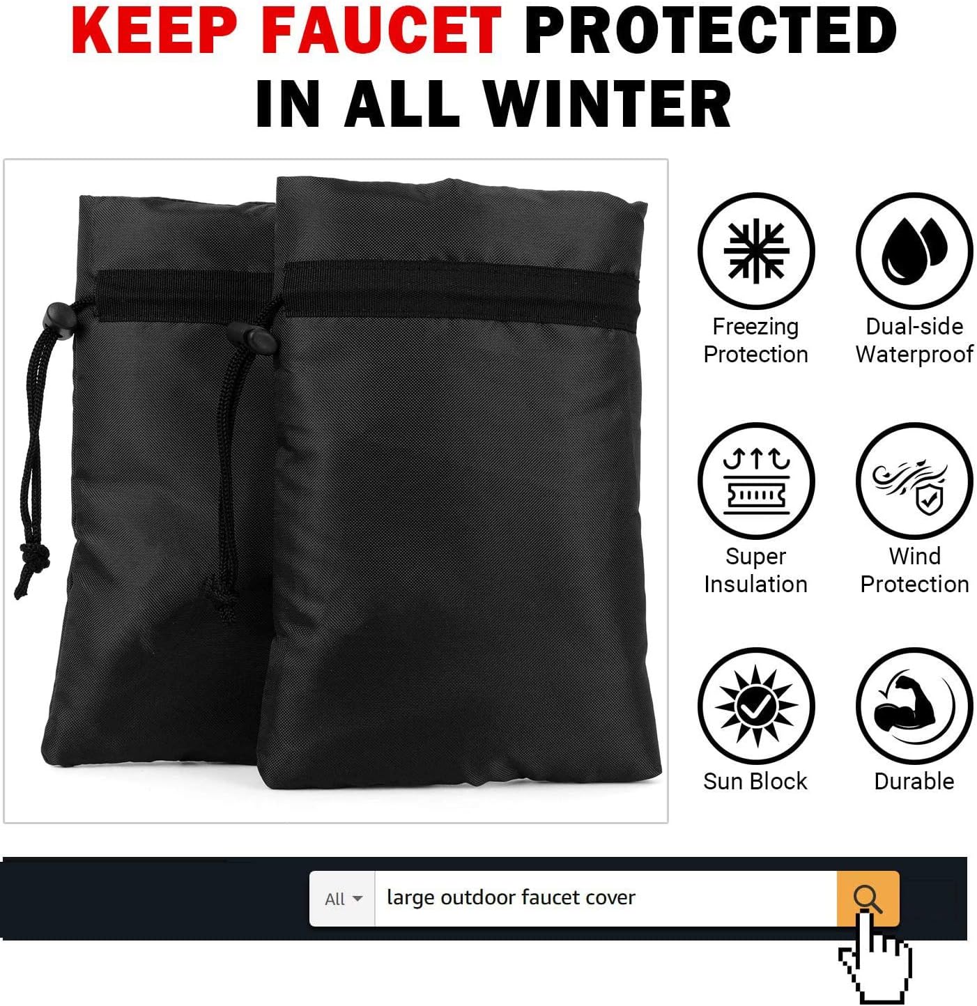 Outdoor Faucet Covers for Winter,9.8"x 7" Lengthened Outside Water Spigot Cover for Winter Freeze Protection,3M Thinsulate & 420D Oxford Waterproof Garden Faucet Socks for Winter,Black(2packs)