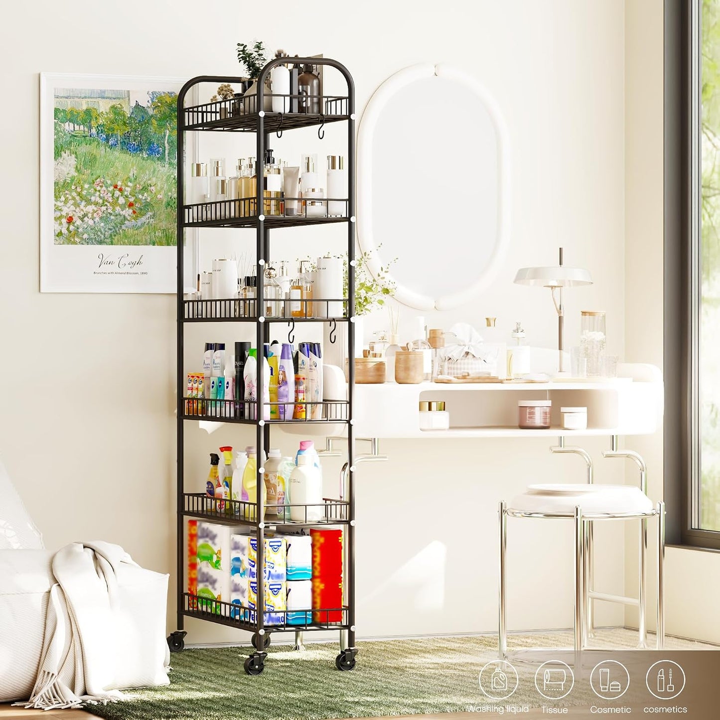 6-Tier Slim Storage Cart, Rolling Kitchen Cart with Wheels | Narrow Metal Shelf Organizer with Hooks for Kitchen, Bathroom, Living Room, Laundry, Small Spaces, Black, 6 in