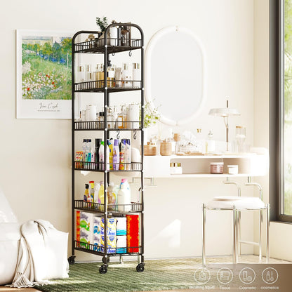 6-Tier Slim Storage Cart, Rolling Kitchen Cart with Wheels | Narrow Metal Shelf Organizer with Hooks for Kitchen, Bathroom, Living Room, Laundry, Small Spaces, Black, 6 in