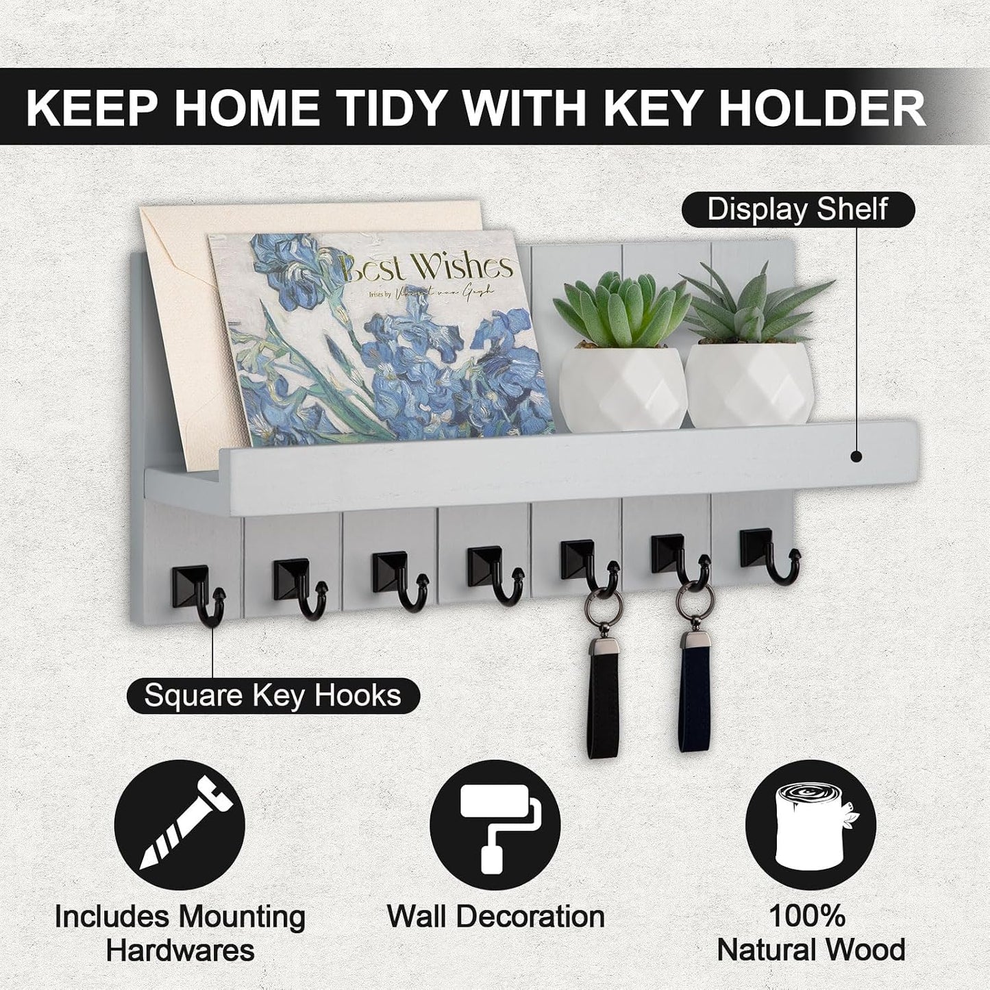 Key Holder for Wall, Decorative Key Holder with Shelf, Key and Mail Holder Wall Mount, Farmhouse Decor with 5 Key Hooks for Keys, Coats, ect.