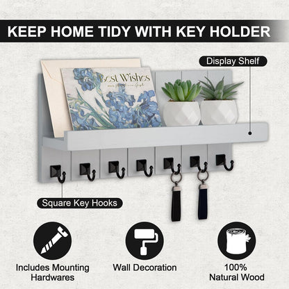 Key Holder for Wall, Decorative Key Holder with Shelf, Key and Mail Holder Wall Mount, Farmhouse Decor with 5 Key Hooks for Keys, Coats, ect.