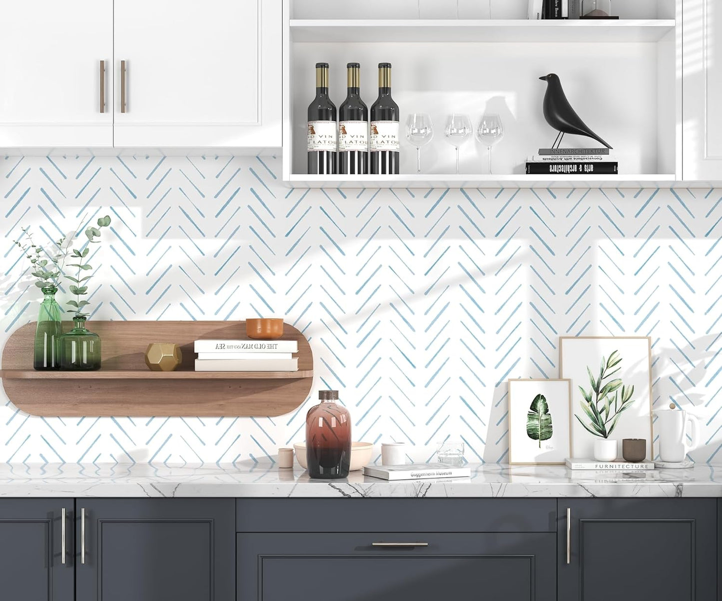 Herringbone Wallpaper Peel and Stick Wallpaper Blue and White Modern Wall paper 17.3"x78.8" Adhesive Wallpapers Boho Removable Contact Paper Decorative for Bedroom Bathroom Cabinets Decor Vinyl Roll