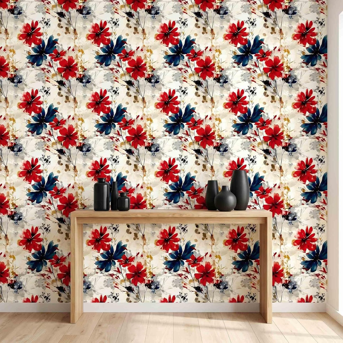 Red Watercolor Floral Peel and Stick Wallpaper Removable Self Adhesive Floral Wall Covering for Living Room Bedroom Accent Wall 17.7 x 70.8 in