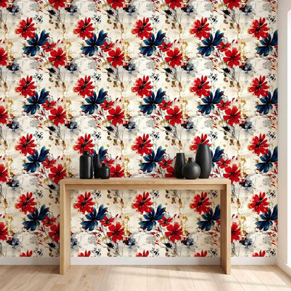 Red Watercolor Floral Peel and Stick Wallpaper Removable Self Adhesive Floral Wall Covering for Living Room Bedroom Accent Wall 17.7 x 70.8 in