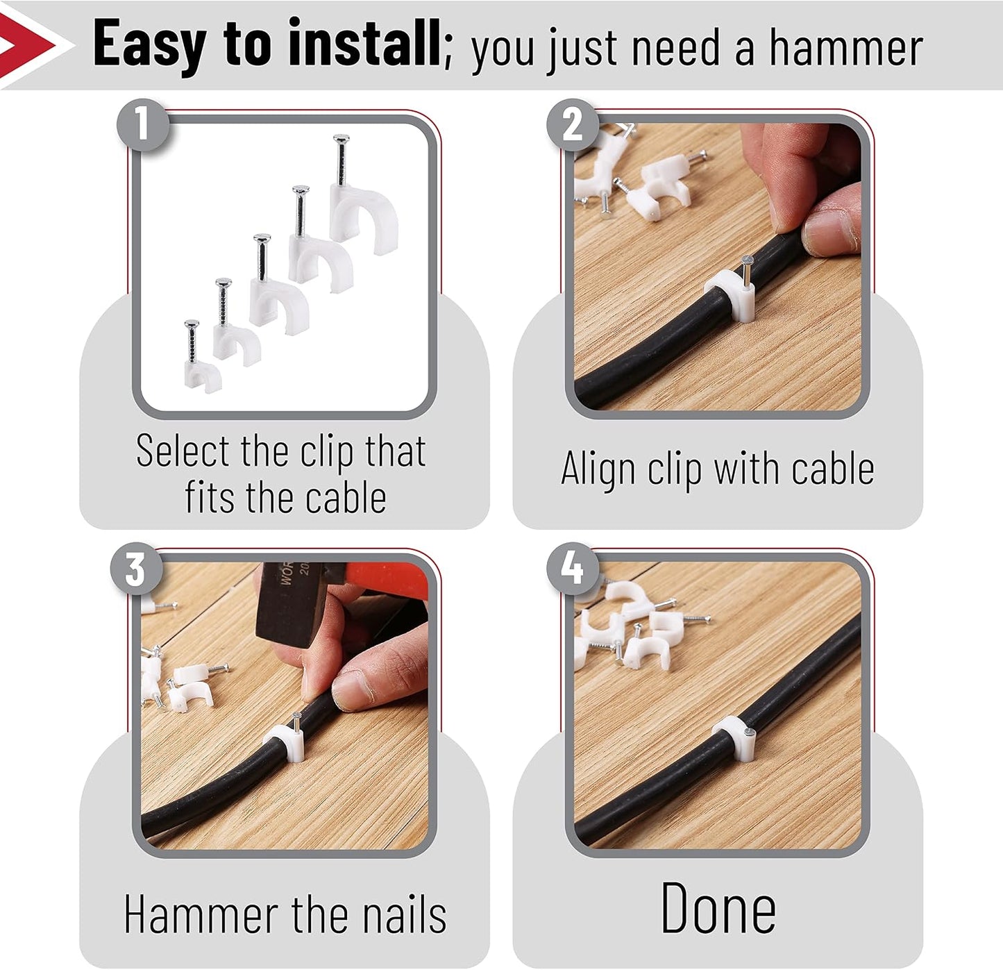 Bates- Cable Clips with Steel Nails, 200 pcs, White, Large, 2-Nail Cord Clips for Wires on Wall, Cable Wall Clip, Wire Wall Clips, Cable Wire Clips, Coaxial Cable Clips, Cord Wall Clip