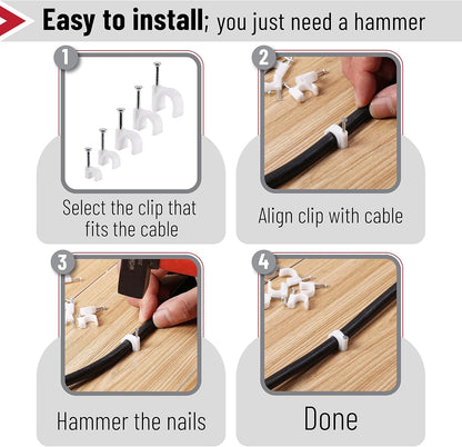 Bates- Cable Clips with Steel Nails, 200 pcs, White, Large, 2-Nail Cord Clips for Wires on Wall, Cable Wall Clip, Wire Wall Clips, Cable Wire Clips, Coaxial Cable Clips, Cord Wall Clip