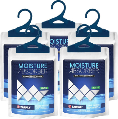 Zarpax Moisture Absorber Sachets Activated Charcoal 7.5 oz/212g - Remove Excess Moisture In Air & Odor - Desiccant Dehumidifier for Closet, Drawer, Storage - Dampness & Humidity Control - Set of 5