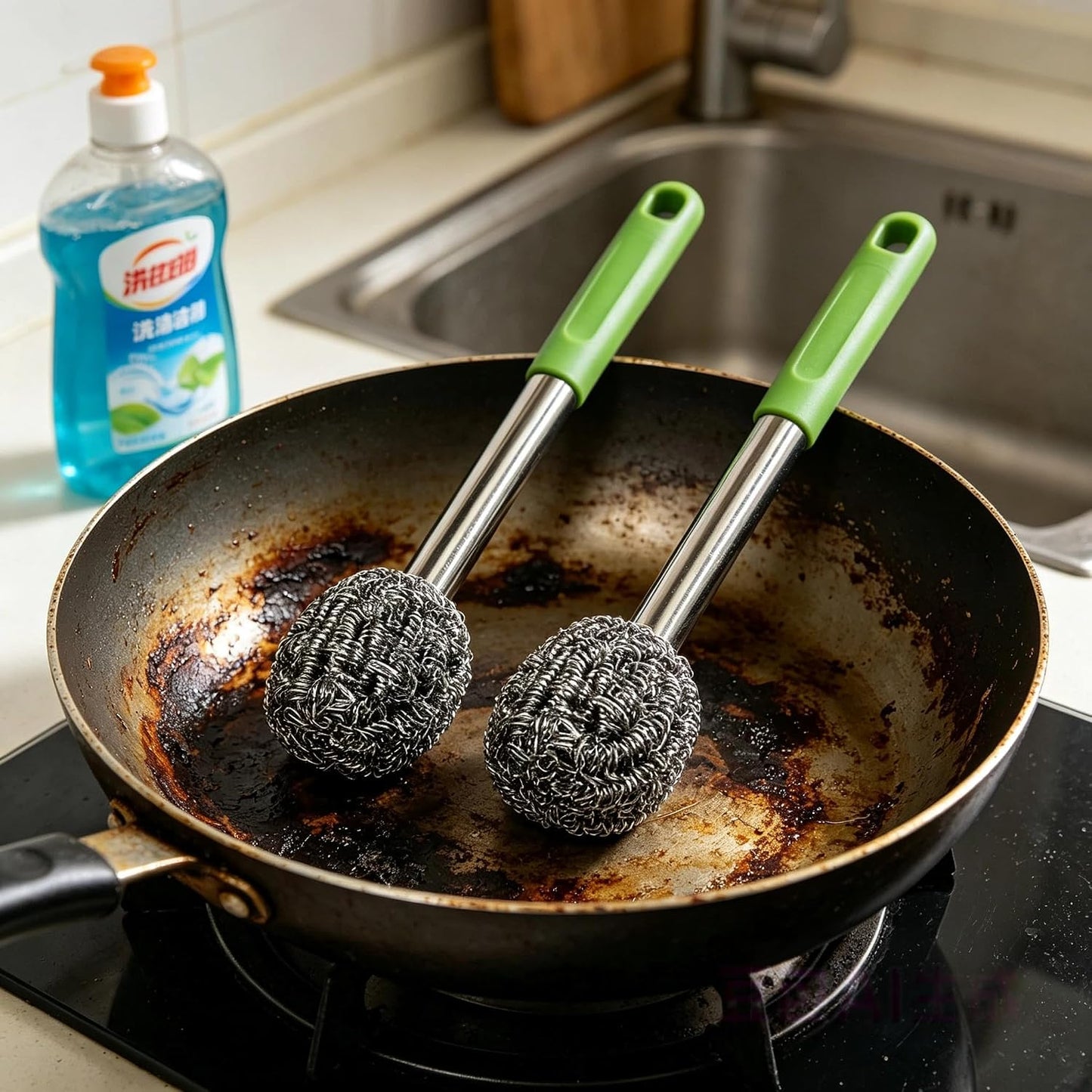 2PCS Steel Wool Scrubber with Handle Rustproof, Cast Iron Scrubber, Stubborn Messes Pot Brush, Remove Dirt for Cleaning Stoves,Sinks Dishes Grills Bowls & Metal Wire Sponge for Kitchens