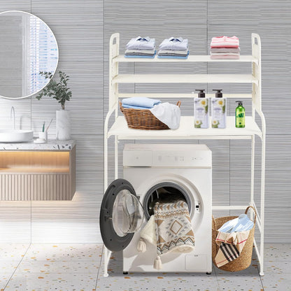 Over The Washer and Dryer Storage Shelf with Adjustable Shelf, 3 Tiers Expandable Over Toilet Storage Rack with Hooks Laundry Organizer Standing Shelf Gray for Laundry Room Bathroom