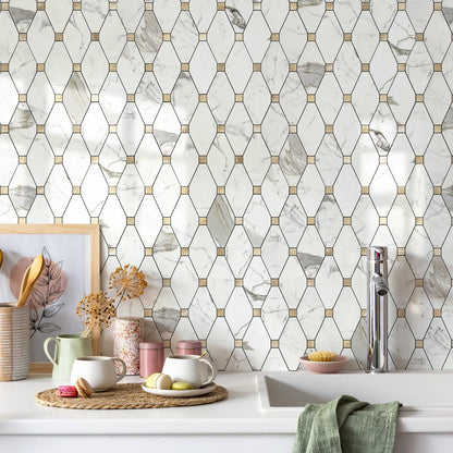 STICKGOO 10 Sheets Peel and Stick Backsplash, Polished Dolomite PVC Mixed Metal Gold Kitchen Backsplash, Stick on Backsplash Wall Tiles for Kitchen, Bathroom, RV