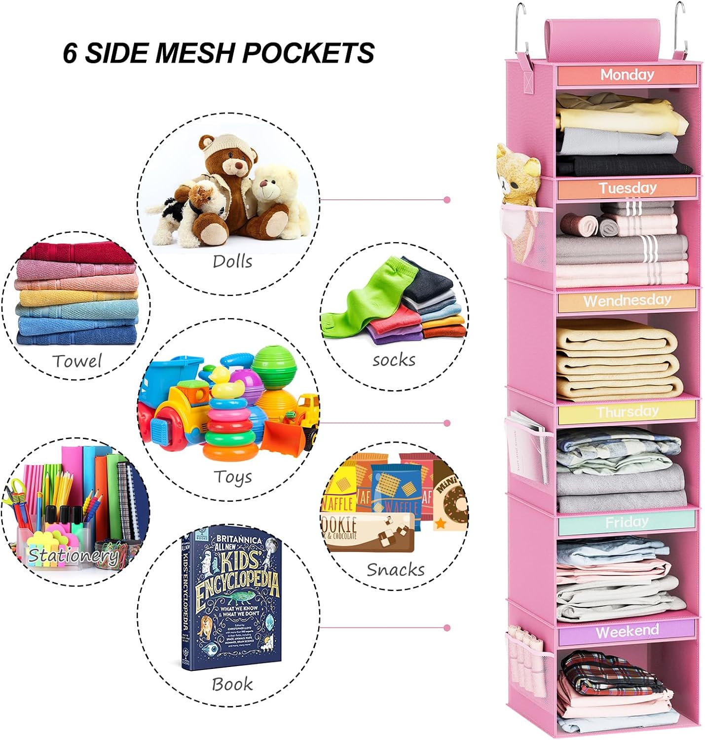 Fixwal 6-Shelf Weekly Clothes Organizer for Kids, Kids Daily Shelf Hanging Closet Organizer with 6 Side Pockets, Days of The Week Hanging Storage Shelves (Pink)